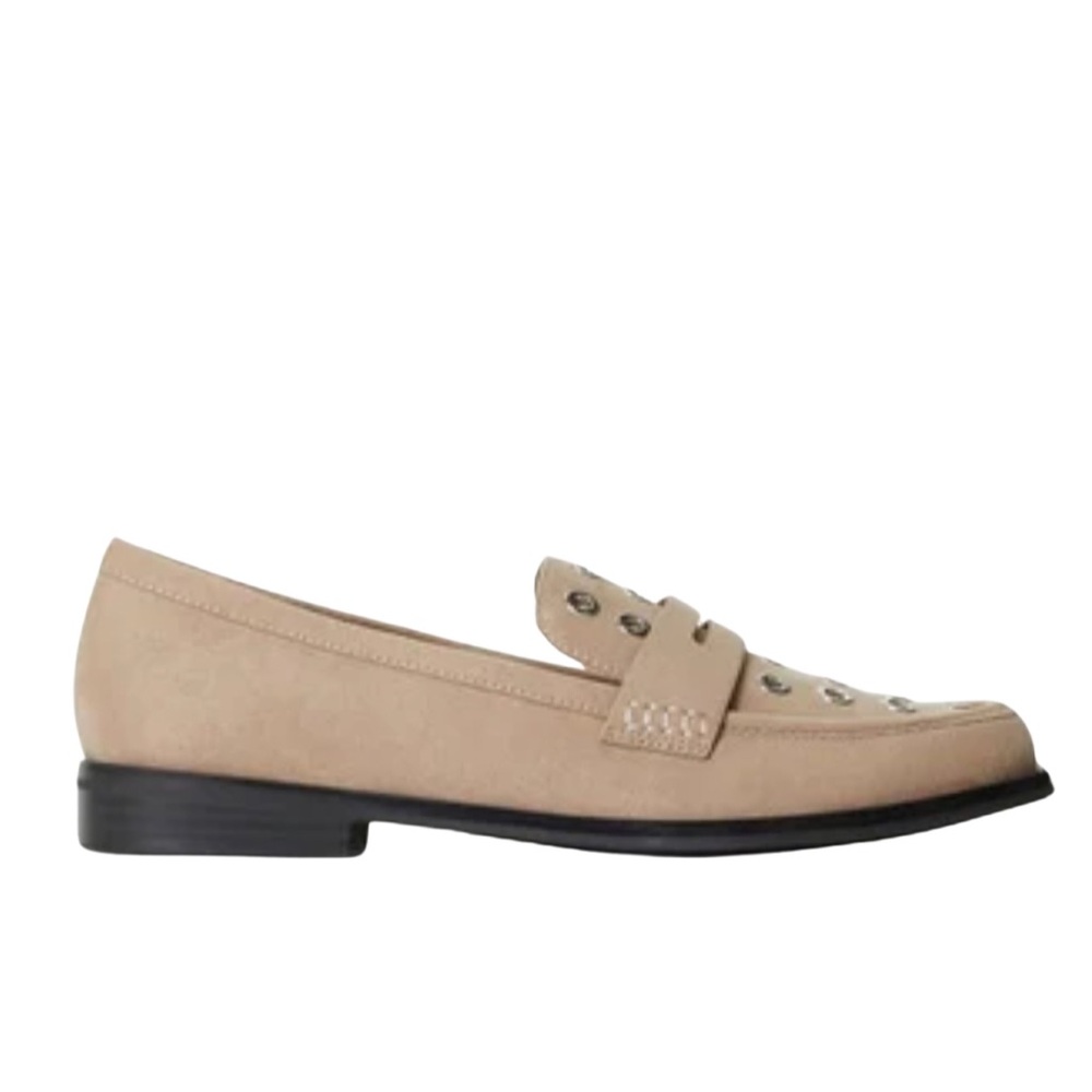 •Zuri• Beige Faux Suede Grommet Loafers | Edgy Chic Flats - Picture 2 of 6